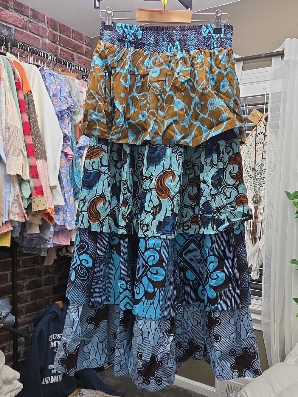 Boho Tiered Maxi Skirt in Blue and Brown